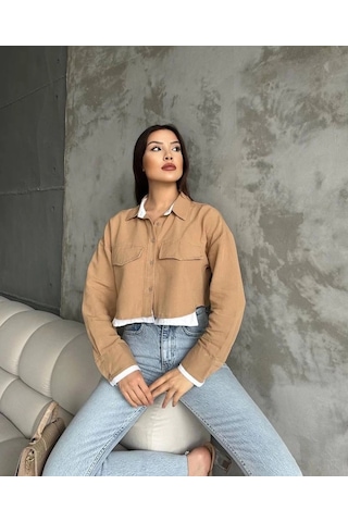 Defymoda Çift Renkli Kısa Gömlek Vizonbeyaz S4021 Vizon