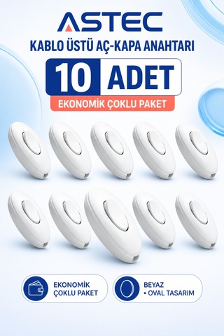 Astec Kaliteli Ara Puar Anahtar Beyaz Kablo Üstü Aç Kapa Düğmesi 10 Adet Ovel
