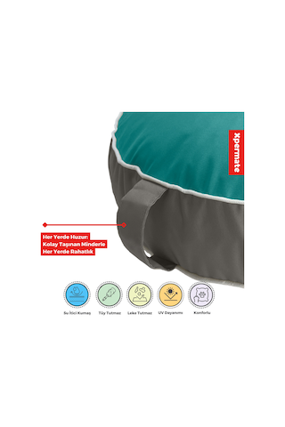 Xpermate Fermuarlı Yıkanabilir Puf Minder Yer Minderi Yuvarlak Turkuaz Gri