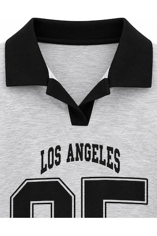 Mixray 2258 Kadın Los Angeles 95 Baskılı Polo Yaka Sweatshirt Gri