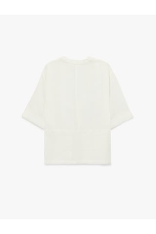 Koton Keten Karışımlı 3/4 Geniş Kol Çizgili Kimono Bej Çizgili 6sak50028uw Ekru Çizgili