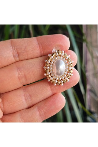 Slowshe-vintage Gümüş Uçlu İnci Küpe Altın - Bej