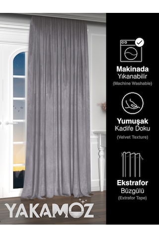 Yakamoz Kadife Görünüm Gümüş Grisi Ada Fon Perde Ekstraforlu Velvet Touch Serisi Gümüş Grisi Gri