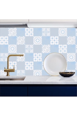 Tezgah Arası Mutfak Kendinden Yapışkanlı Folyo Kaplama Modern Fayans Desen Mavi 60cmx100cm
