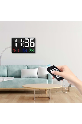 Alfalink Dijital Duvar Saati Renkli Uzaktan Kumandalı Hd Led Ekran Tarih Gün Sıcaklık Alarm Usb Dekoratif Siyah