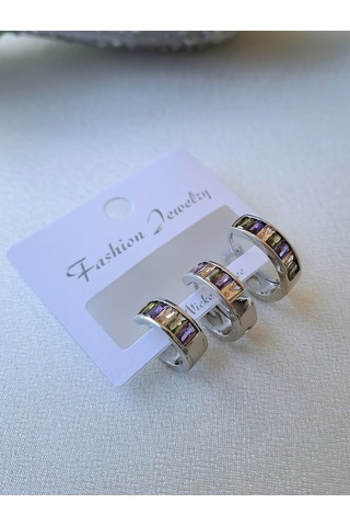 Renkli Baget Taşlı Halka Küpe Gümüş