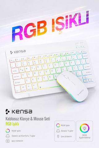 Tablet Ve Bilgisayar İçin Rgb Led Işıklı Taşınabilir Kablosuz Bluetooth Klavye Ve Dongle'lı Mouse Seti Beyaz