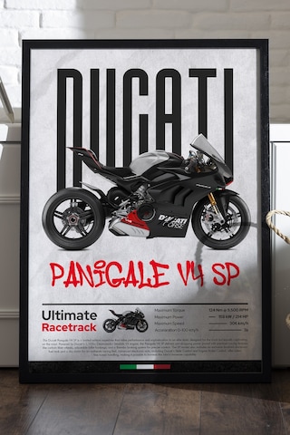 Ducati Panigale V4 Sp Siyah Ahşap Çerçeveli Poster, Dekoratif Motosiklet Duvar Tablosu Çok Renkli