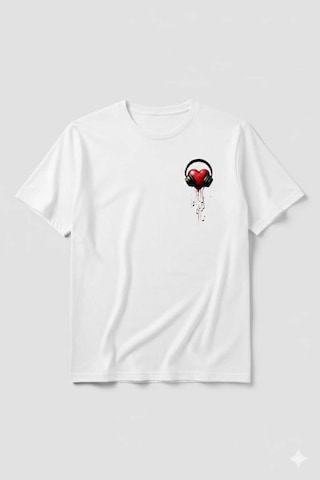 Kalp Kulaklık Baskılı Sevgililer Günü Pamuklu Kadın T-shirt Beyaz