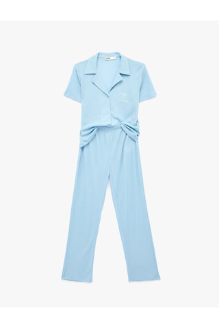 Koton Rahat Kalıp Gömlek Yaka Fitilli Pijama Takımı Mavi 6slk40088mk