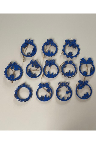 Ahşap 12 Adet Yılbaşı Ağacı Süsü Mavi