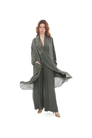 Bohem Stil Italyan Ipek Detaylı Oversize Kap Bluz- Wes Pantolon Takım-8789 Haki
