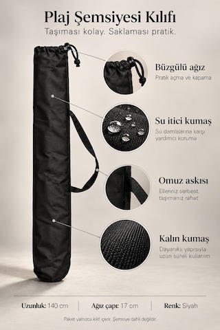 Plaj Şemsiyesi Kılıfı 140 Cm Omuz Askılı, Büzgülü, Siyah