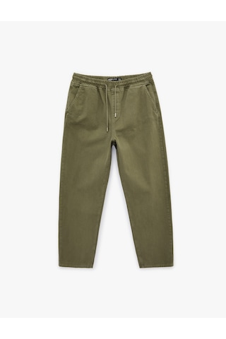 Koton Regular Fit Normal Bel Pamuklu Bol Beli Bağcıklı Baggy Jean Pantolon Haki 7wam40139nd