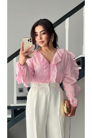 Orijinal Marka Pembe Fırfırlı Gömlek Pembe