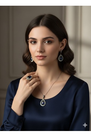 Safir Taşlı Gümüş Kolye Takımı Bronz