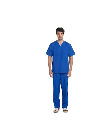 V Yaka Takım Kısa Kol Saks Mavi