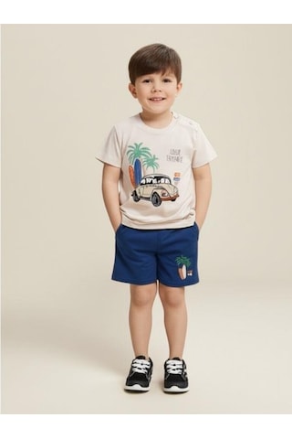 Erkek Bebek Pamuklu Araba Baskılı Şortlu Takım-15827 Bej