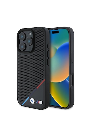 İphone Uyumlu 16 Pro Max Kılıf Bmw Lisanslı Magsafe Şarj Özellikli M Logolu Üç Çizgili Delikli Deri Siyah Siyah