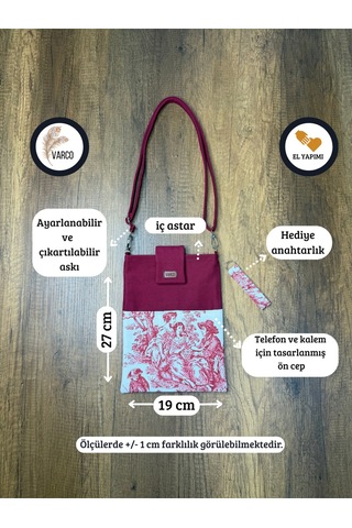Aksesuarsepeti El Yapımı, Fransız Köylüsü Desenli, Cepli, Taşıma Askılı, Kılıf Çanta, Tablet Kılıfı, Kitap Kılıfı Bordo