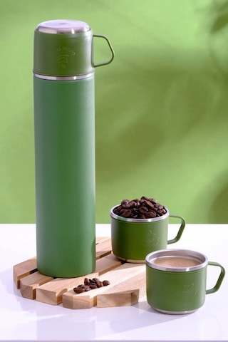 304 Paslanmaz Çelik 3 Bardaklı Termos Seti Çay Kahve Piknik Kamp Yeşil Yeşil