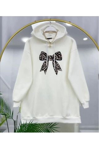 Lovie Moda Kadın Leopar Fiyonk Baskılı Sweatshirt Beyaz