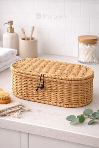Morponi Rattan Kapaklı Düzenleyici Sepet Doğal Rattan Organizer Oval 28 Cm 1 Adet Kahverengi