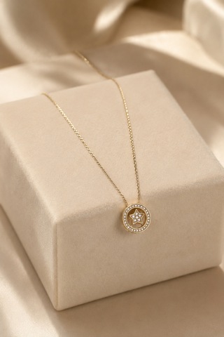 Balenbi Jewelry Yıldız Motifli Taşlı Kararmaz Çelik Kadın Kolye 14k Gold 1161 Altın