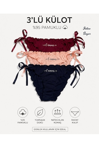 Intive Sugar 3'lü Yandan Saten Bağlamalı %95 Pamuklu Lolita Külot Çok Renkli Intive Sugar 3'lü Yandan Saten Bağlamalı %95 Pamuklu Lolita Külot Çok Renkli