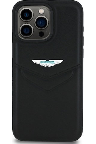 Apple Uyumlu iPhone 15 Pro Max Kılıf Aston Martin Lisanslı Victory Dizayn Deri Metal Logolu Kapak Siyah