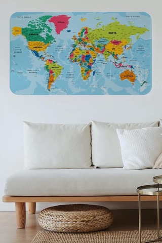 Türkçe Eğitici Ülke Ve Başkent Okyanus Detaylı Atlası Dünya Haritası Duvar Sticker -60x105-3870 Renkli