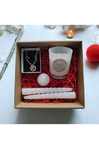 Denic Hediye Seti Kokulu Beyaz Bardak Mum Yaşam Agacı Kolye Burgulu Mum Yüzen Mum