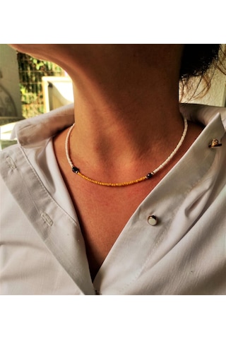 GOLD KAPLAMA HEMATİT TAŞI SARI BONCUK KOLYE-KOL124 Krem