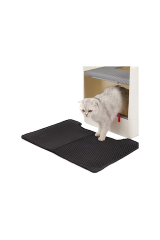 Geekyou Kedi Kumu Toplama Matı - Çift Katlı Eva - Bal Arısı Desenli - Katlanabilir - Kedi Tuvaleti Üstü - Siyah 64x42cm