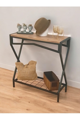 Metal Dresuar Ahşap Raflı Stand Çok Amaçlı Salon Ve Hol Rafı Siyah