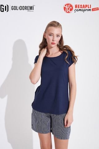 Gd Goldoremi 29154 Premium Kadın Çizgili Kısa Kollu Rahat Kesim Şortlu Pijama Takım lacivert