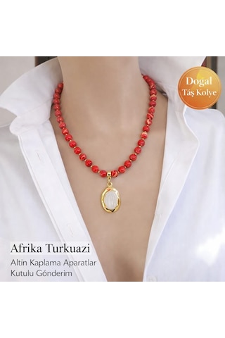 Afrika Turkuazı Doğal Taş Kolye Kırmızı