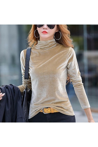Kayısı Kış Sıcak Balıkçı Yaka Uzun Kollu Kadife Gömlek Yüksek Yaka İnce Zarif Lüks Kadife Bluz Bahar Üstleri Krem