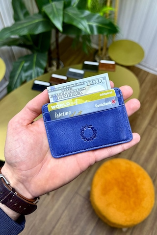 Unisex Buz Mavisi Mini Design Hakiki Deri Kartlık Cüzdan Erkek - Kadın Mavi