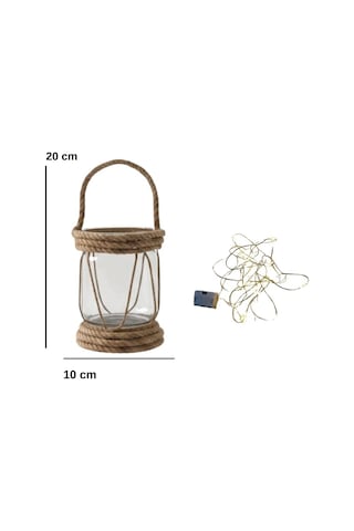 Dyrıs Rustik Halatlı Cam Fener, Pilli Led Işıklı Dekoratif Kavanoz Lamba, Bahçe Ve Balkon Aydınlatması, 20x10 Cm