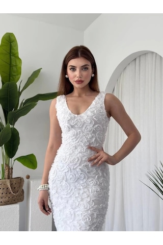 Kren Gül Detaylı Elbise Beyaz
