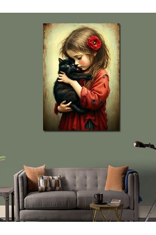Kanvas Tablo Kedi Seven Küçük Kız 100cmx140cm