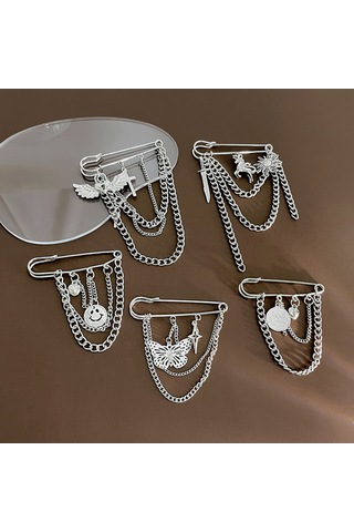 Monyee Güçlü Metal Kanat Desenli Çok Katlı Tassel Rüzgar Engeli Zincir, Modern Retro Desenli Giyim Aksesuarı Z349-2 Gümüş