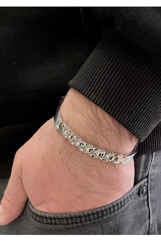 Silver Tamamı Paslanmaz Saf Çelik Şık Erkek Bileklik 5mm