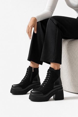 Luvi Shoes Norton Siyah Süet Bağcıklı Fermuarlı Kadın Platform Topuklu Bot