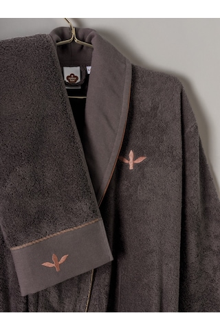 Cotton Box Puff Nakışlı Aile Bornoz Seti Molende Bej-antrasit Antrasit Bej