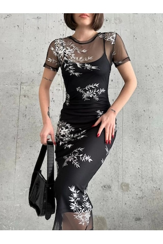 Kadın Baskılı Şifon Kimono Elbise - Siyah Siyah