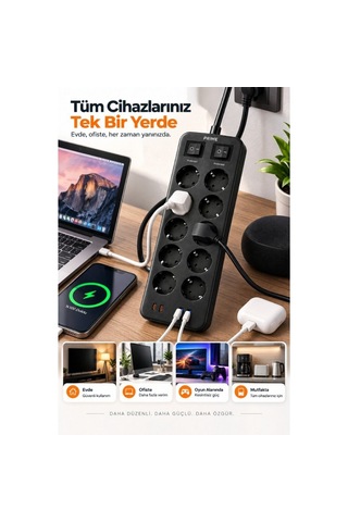 10 Lu Akım Korumalı Grup Priz 3680w, 2 Usb-c + 2 Usb-a, 1050j, 2 Metre Kablo 0 - 2 M