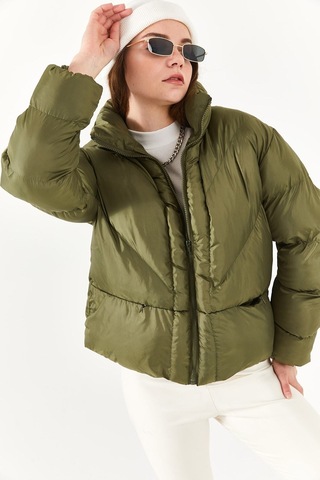 Alisse-kadın Haki Dik Yaka Kısa Şişme Mont Haki