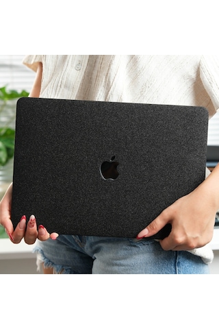 Apple Uyumlu MacBook Air 13 Kılıf Simli Parlak Vinil Sert Hard Case Tpu Taban İnce Hafif A2337 A2179 A1932 Siyah
